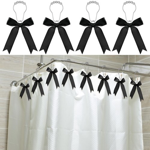 MorningRo 12 Pcs Black Bow Shower Curtain Hooks Cute Bow Knot Ribbon Curtain Hooks Decorative Shower Rings Hanger Bathroom Decor Bathroom Accessories for Room Nursery Art