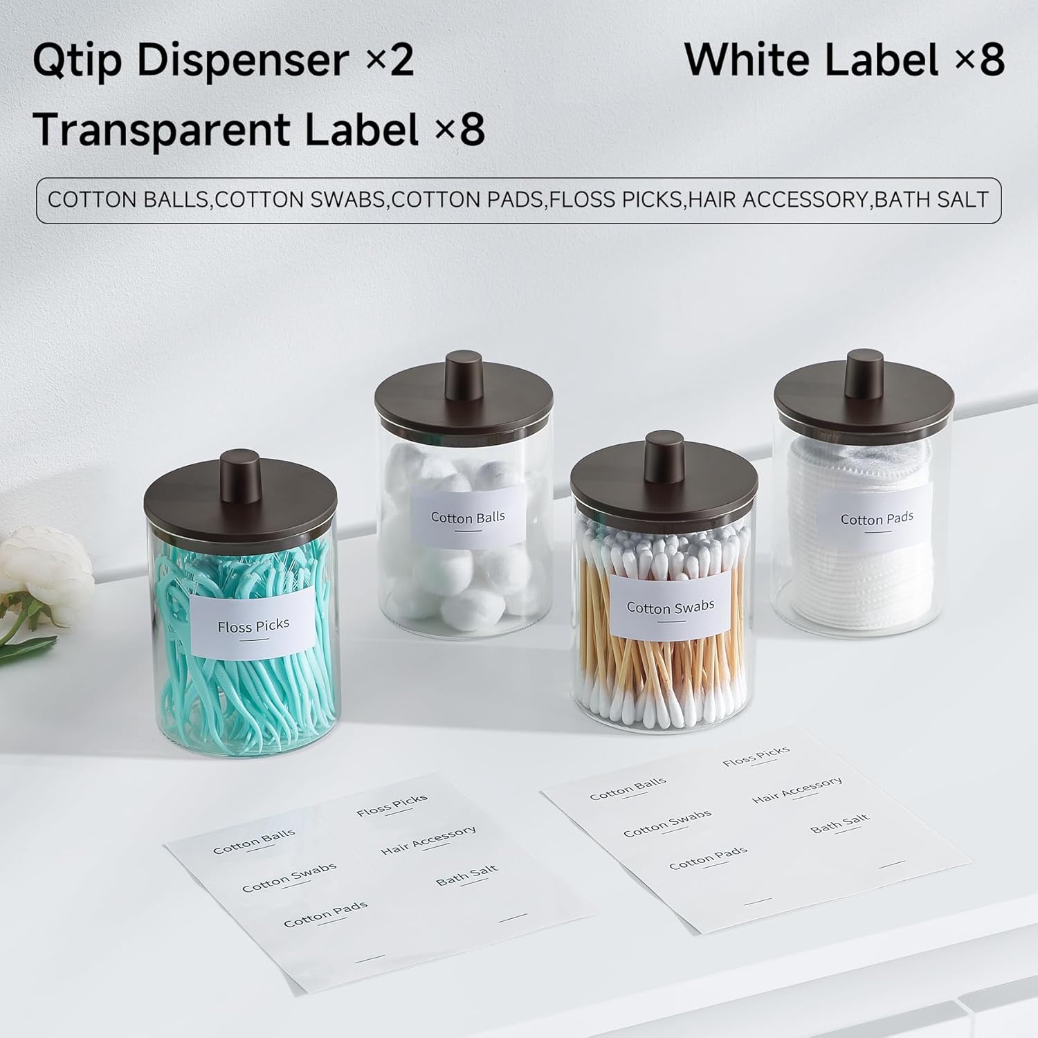 TIPGO Glass Qtip Holder Dispenser - 10 oz Clear Apothecary Jar for Cotton Swabs & Makeup Storage (2 Pack, Brown)