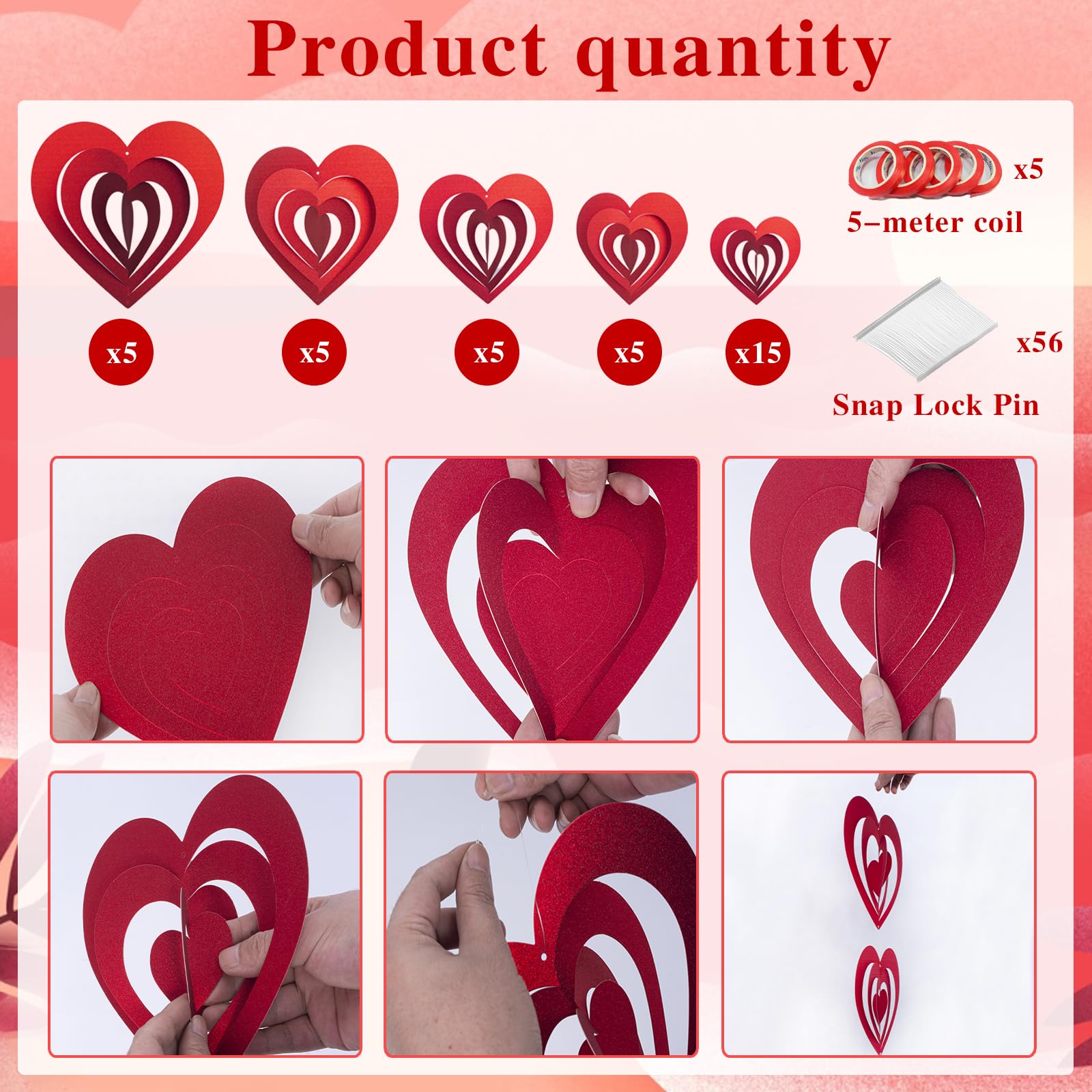 40Pcs Valentine's 5D Glittering Heart Hanging Foil Decorations, Swirl Red Hollowed Heart Hanging Heart Garland for Valentine's Engagement Wedding Bridal Shower Anniversary Party Decorations