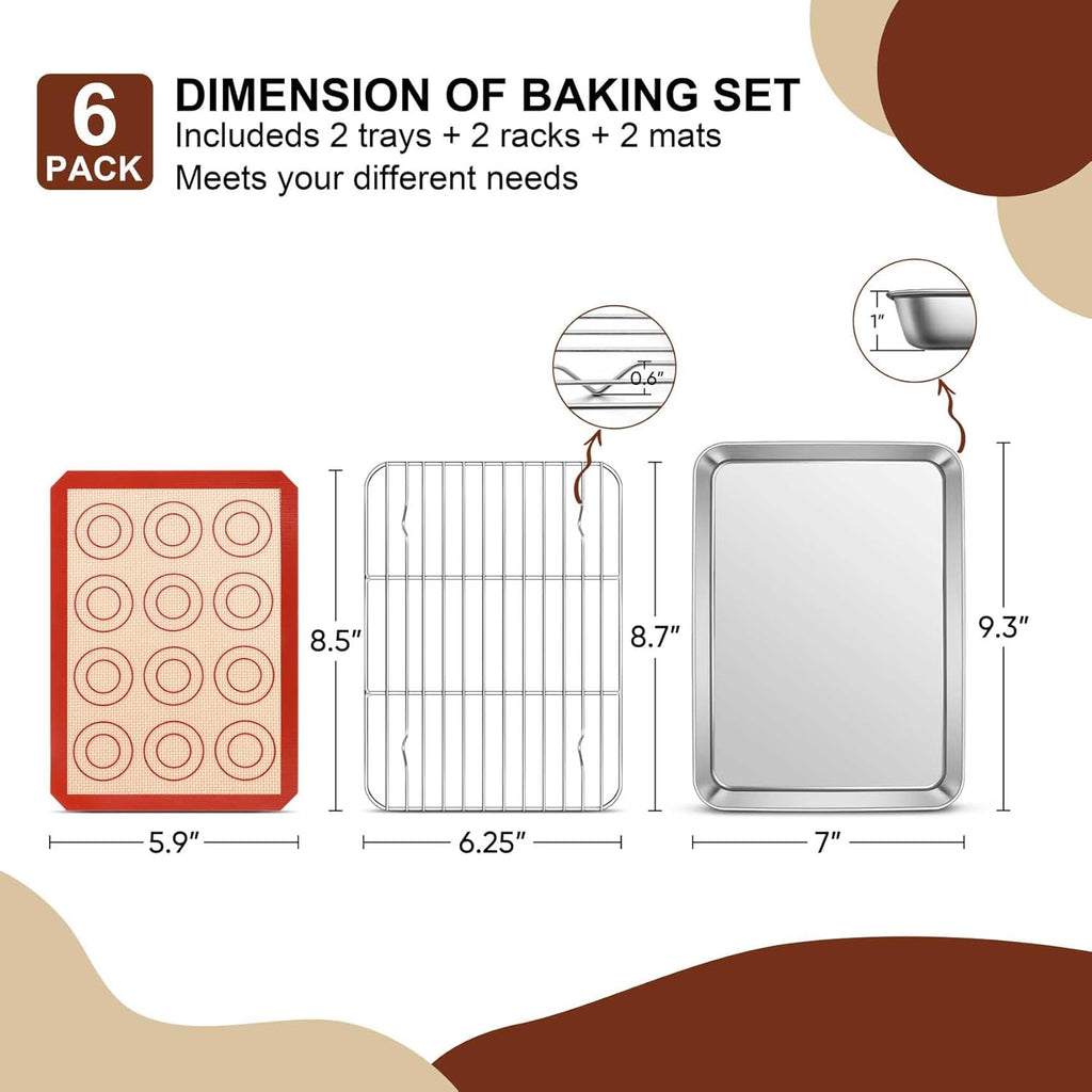 TeamFar Stainless Steel Toaster Oven Tray Set - 9.3 Inch Baking Sheets with Cooling Racks & Silicone Mats, Non-Toxic, Easy Clean