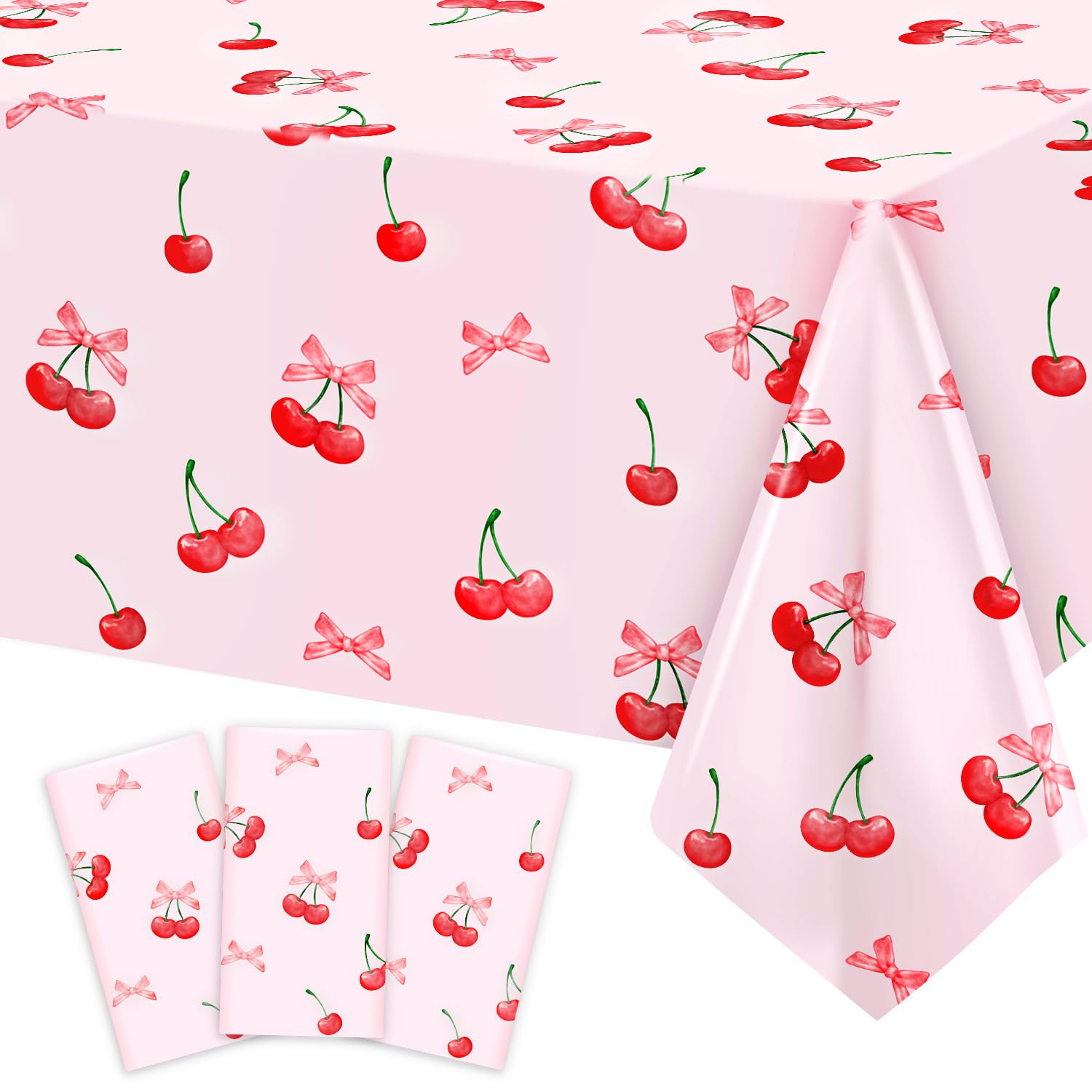 3pcs Cherry Birthday Decorations Tablecloths, Large Size Cherry and Bows Birthday Decorations Table Cloth for Cherries Themed Party, 54 x 108 Inch