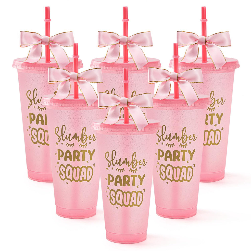 Yicentdp 6 Set Slumber Party Plastic Cups with Lid Straw and Twist Bow 24 oz Sleepover Tumblers Reusable Cups for Birthday Slumber Spa Party Supplies