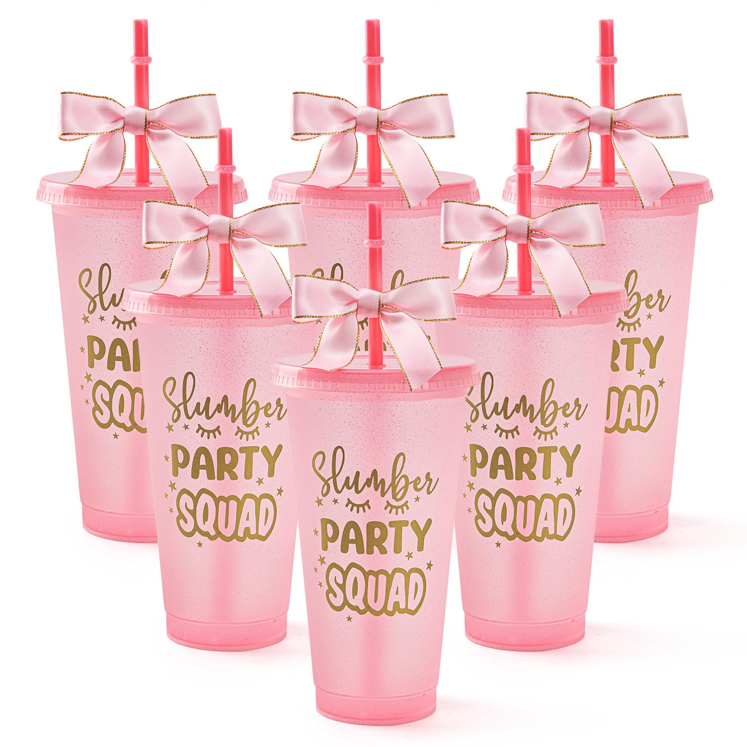 Yicentdp 6 Set Slumber Party Plastic Cups with Lid Straw and Twist Bow 24 oz Sleepover Tumblers Reusable Cups for Birthday Slumber Spa Party Supplies