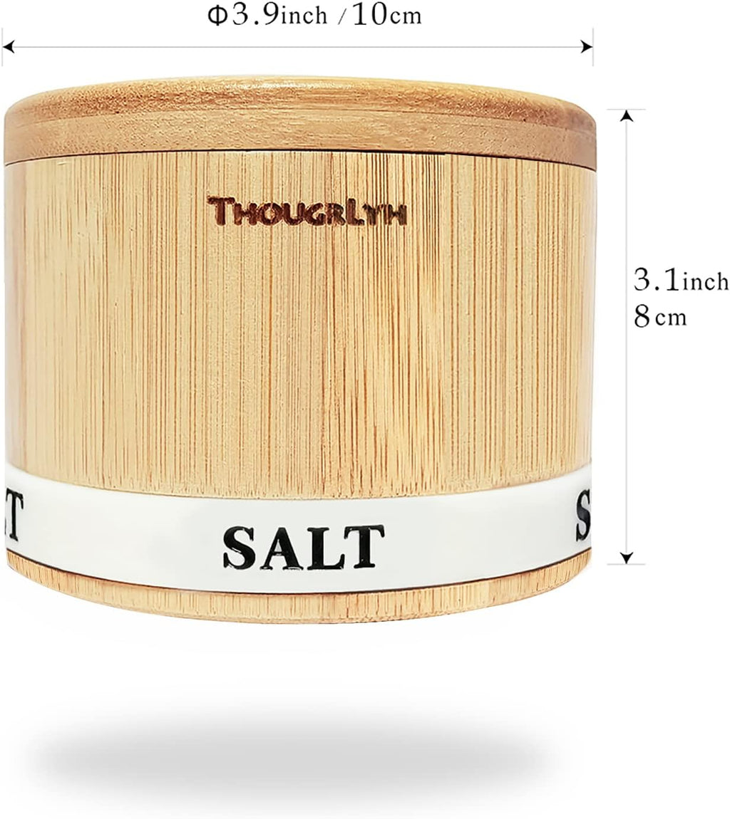 ThougrLyh Bamboo Salt Box - Magnetic Swivel Lid Salt Cellar with Spoon for Easy Storage | Small Spice Container