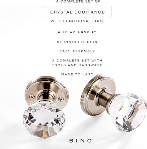 BINO Crystal Door Knobs Set - Elegant Satin Nickel Finish | Functional Interior Knobs