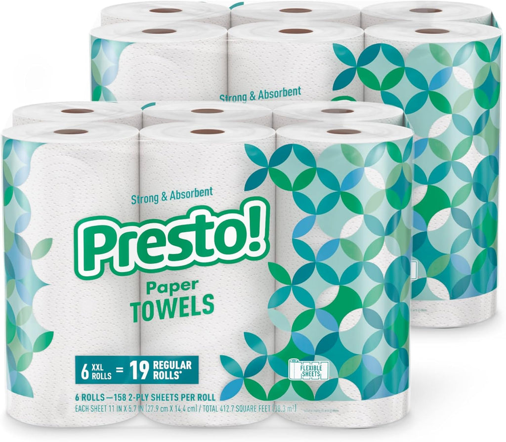 Presto! Ultra-Strong Premium Paper Towels - Flex-a-Size, 158 Sheets, 12 Huge Rolls (2 Packs of 6) - White