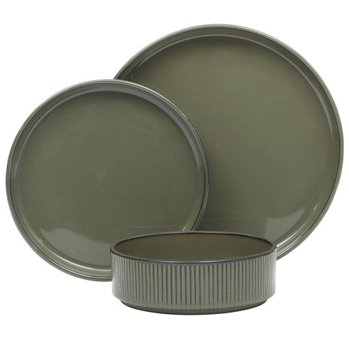 Gibson Elite 12 Piece (Service for 4) Townscape Plates and Bowls Reactive Glaze Embossed Round Dishes Terracotta Ceramic Dinnerware Set - Dark Green