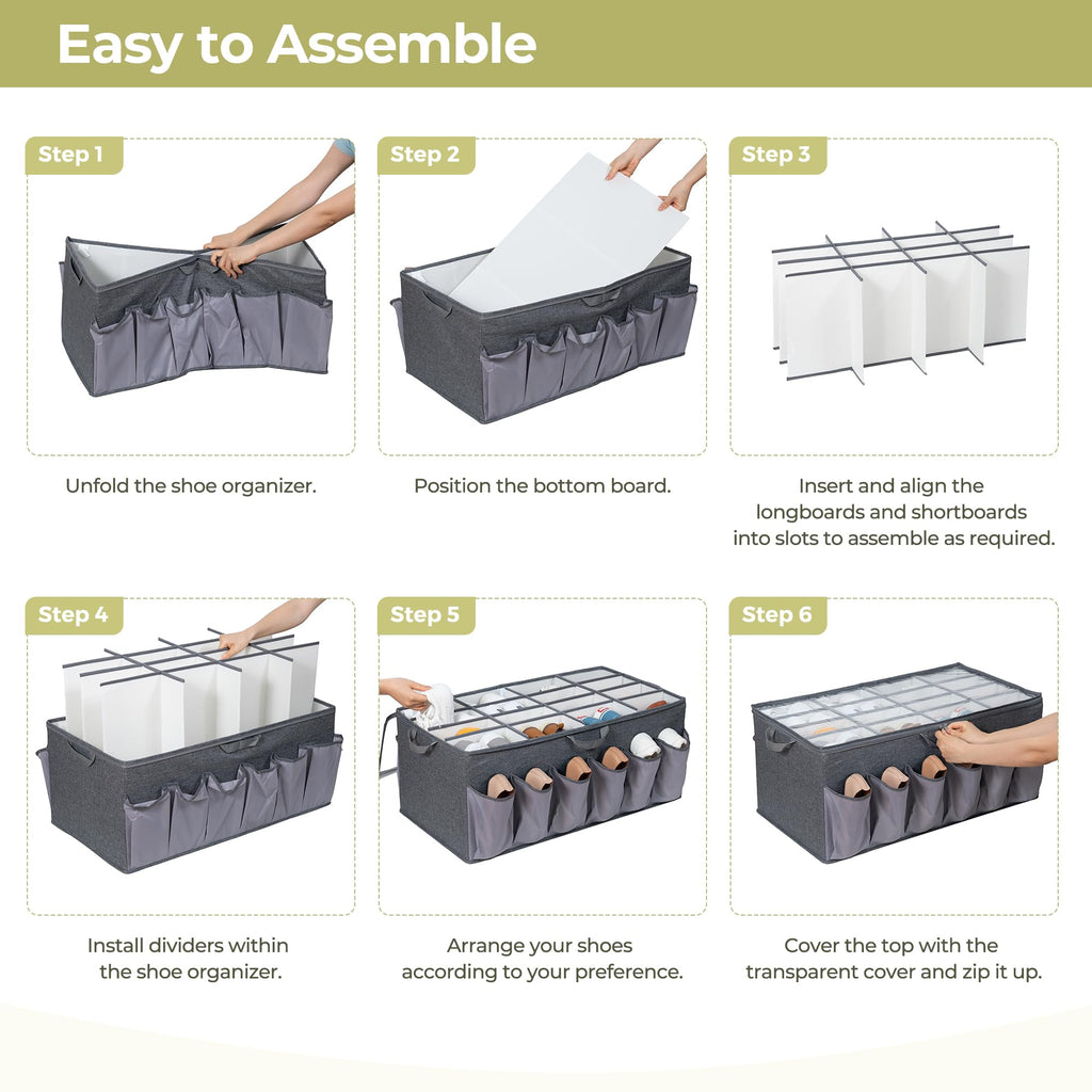 STORAGEIDEAS Shoe Organizer for Closet, Shoe Storage Solution with Clear Cover & Adjustable Dividers, Fabric Shoe Box Fits 16 +12 Pairs Shoes, Grey, 1-Pack