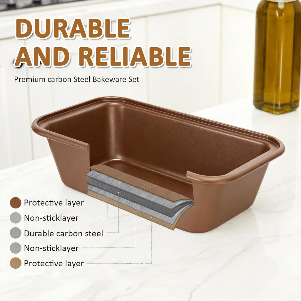 Nonstick Baking Pans Set by [Brand Name] - 10-Piece Bakeware Set | Oven & Dishwasher Safe, Non-Toxic, Includes Cookie Sheets, Muffin Pan, Bread Pan, Cake Pan, Loaf Pan, Roasting Pan in Gold