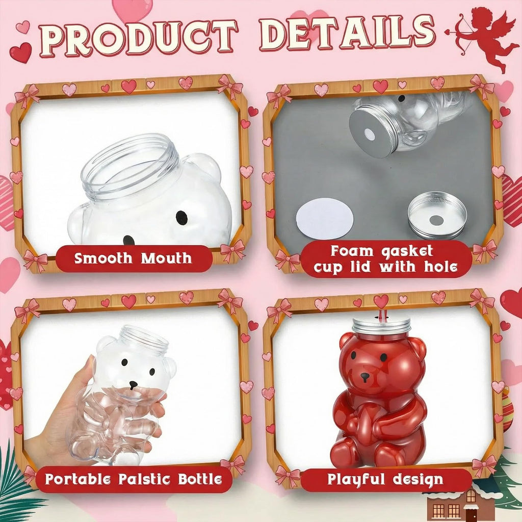 Baderke 15 Set Valentine Bear Plastic Bottles with Straws Set Including 17 oz Cute Teddy Bear Cups Reusable Drink Cup Empty Bottles Straws and Caps for Valentine Party Milk Juicing Drinking