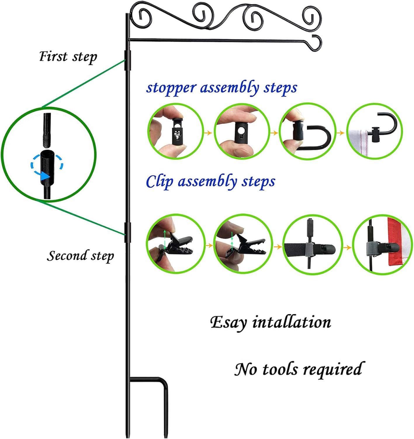 Akeydeco Garden Flag Pole Stand - Waterproof Holder with Stopper & Clip for Outdoor Use | Durable Powder-Coated Finish