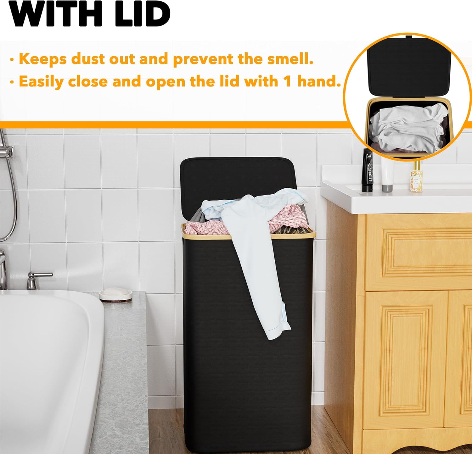 SpaceAid Laundry Hamper - 110L Tall Collapsible Basket with Lid & Bamboo Handles | Black