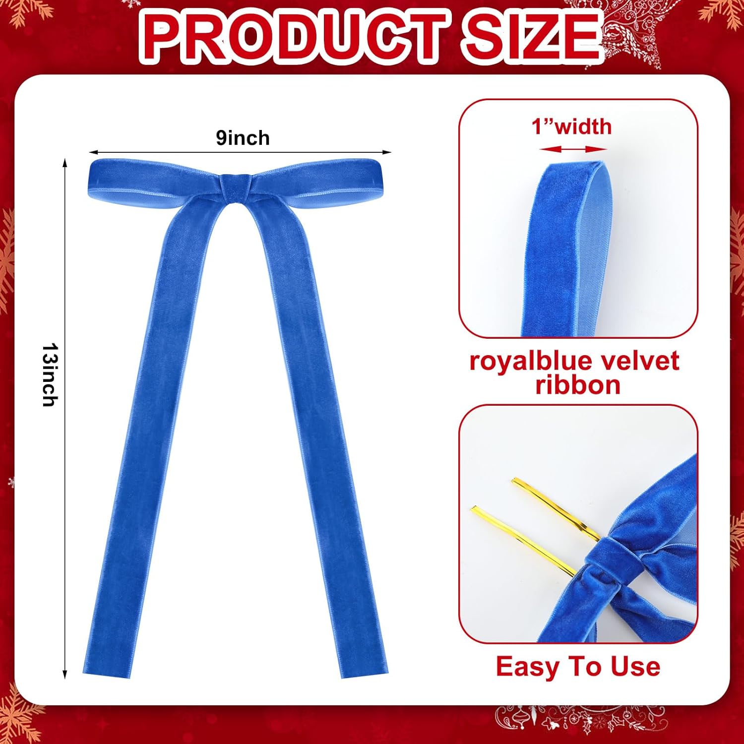 Royal Blue Velvet Bows - 24 Pcs Christmas Tree Ornaments & Valentine's Day Decor | 9 x 13 Inch