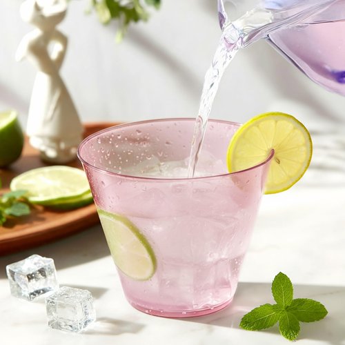 Glowserve 9 oz Clear Plastic Cups Pink Plastic Disposable Mother's Day Cups for Cocktail 50 Pack Fancy Cocktail Cup for Party Stemless Wine Glasses for Party Wedding Graduation Birthday