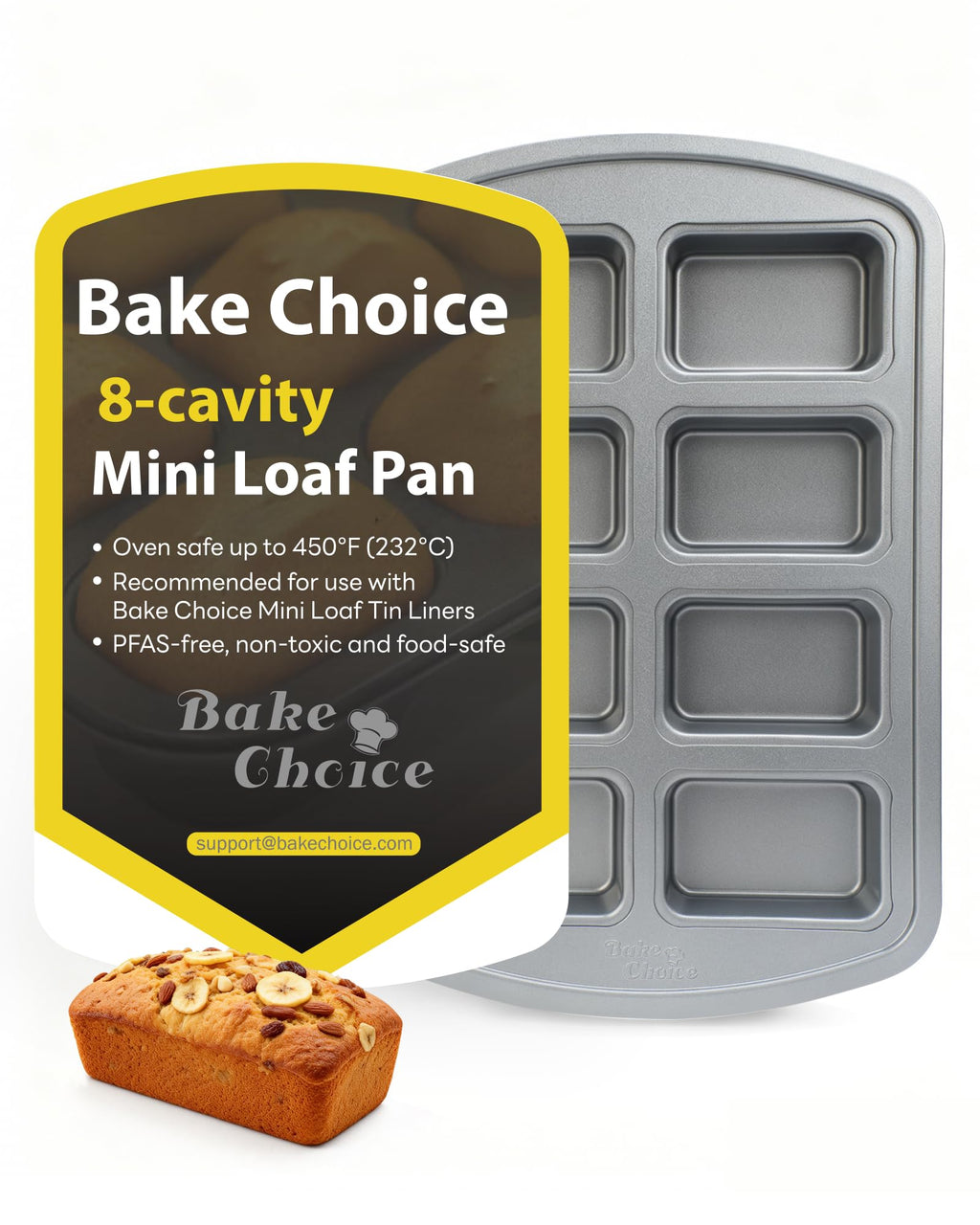 Bake Choice Mini Loaf Pan, 8-Cavity Non-Stick Carbon Steel Baking Pans Set for Banana Bread, Cornbread, Cheesecake, Muffins, Pound Cake, Small Meatloaf, Bread Pan