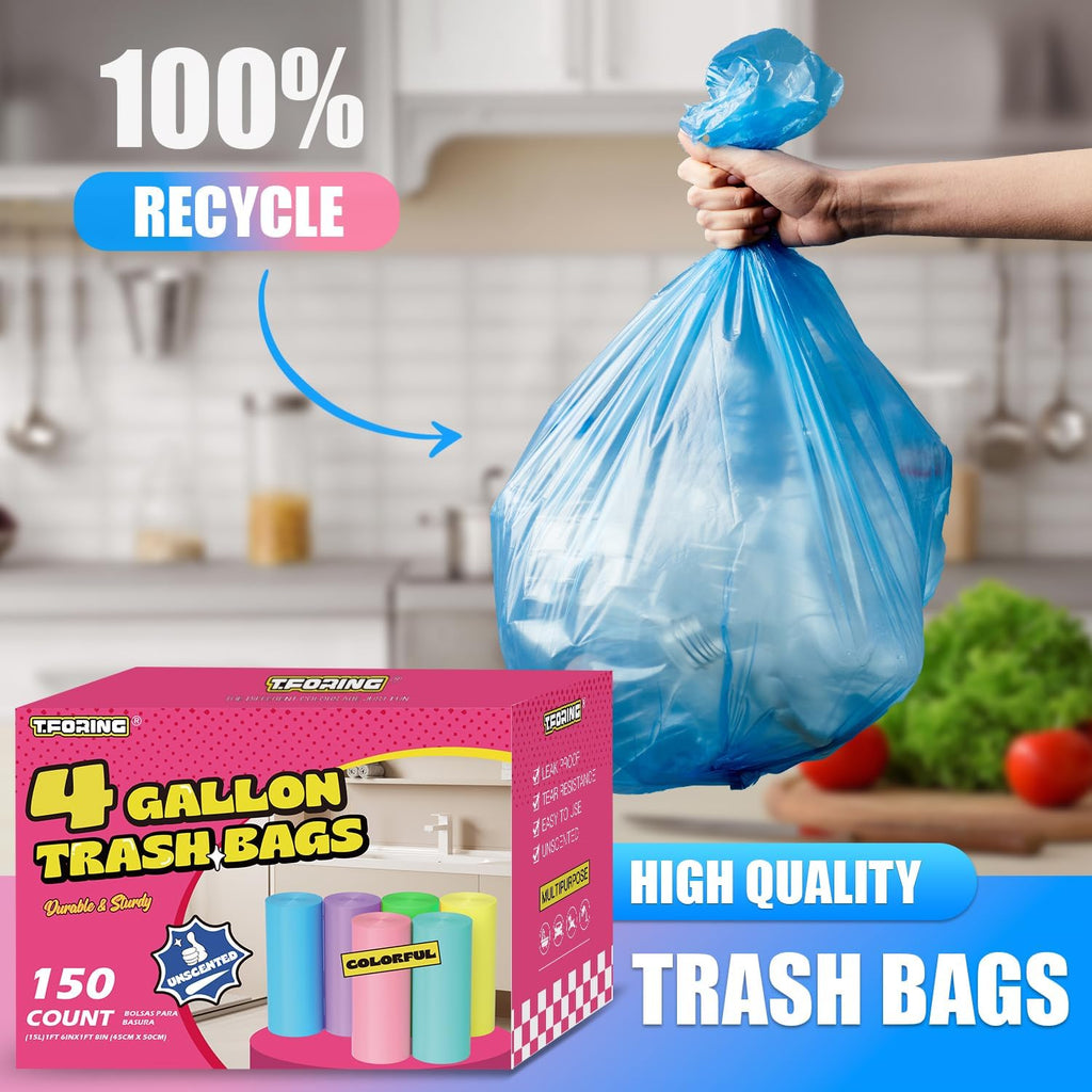 Skiennix 150 Count Small Trash Bags - Unscented Leak-Proof Colored Bathroom Liners | 4 Gallon, 15 Liter