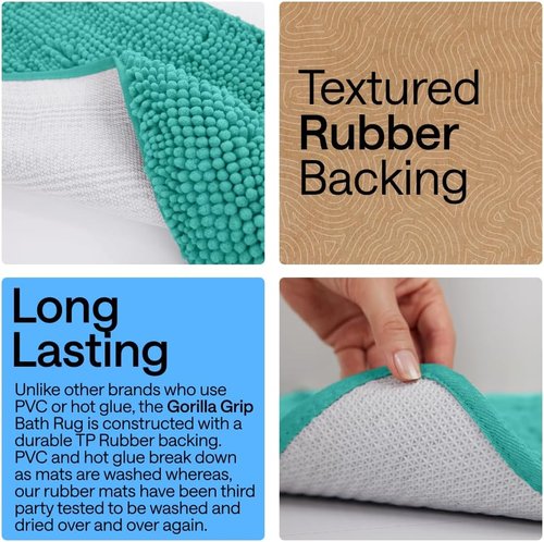 GORILLA GRIP Bath Rug Mat - Thick Soft Absorbent Chenille | Quick-Dry Microfiber, 24x17, Turquoise