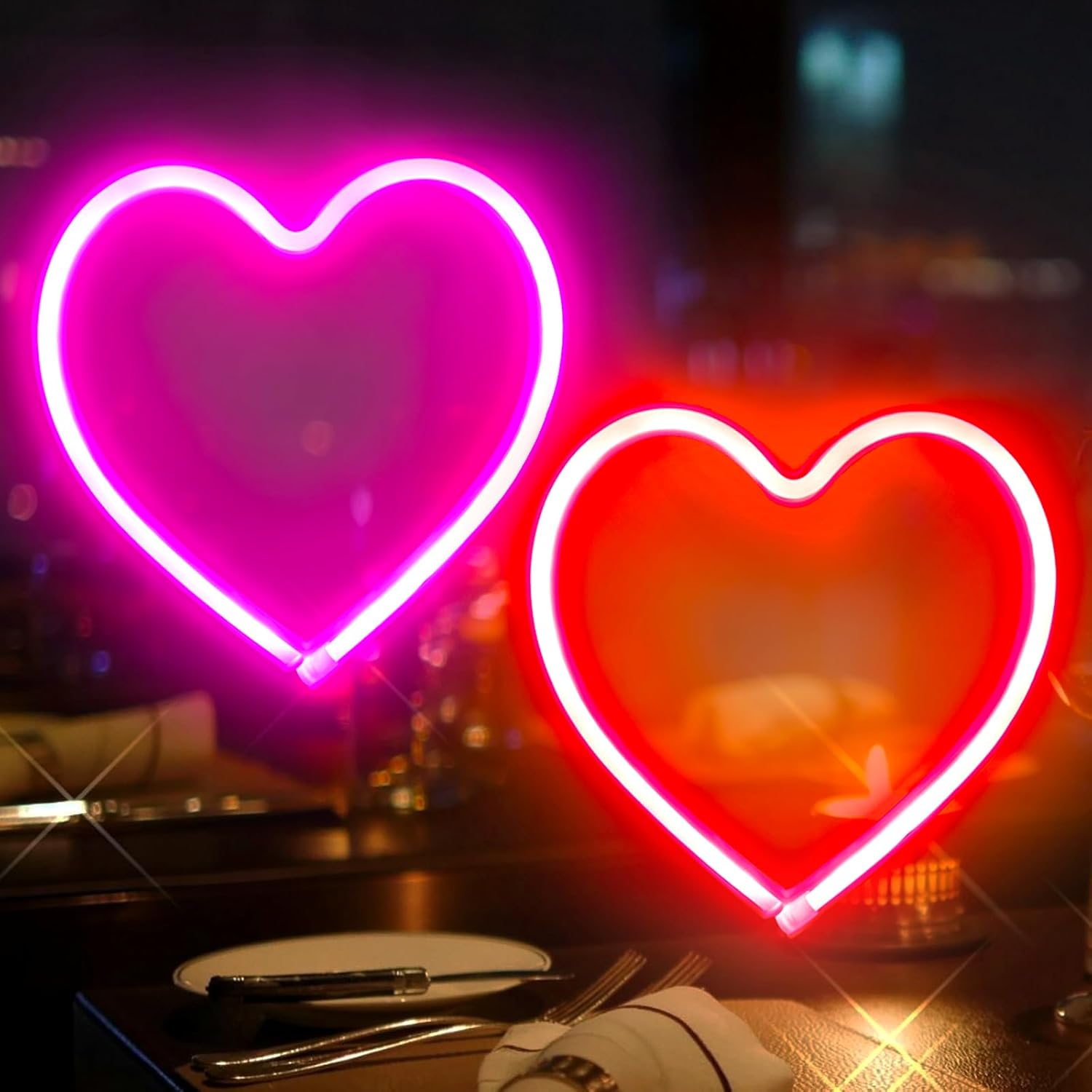 Skiennix Neon Heart Sign - 2-Pack Battery Operated or USB Powered | Perfect for Valentine's Day & Room Decor (Pink & Red)