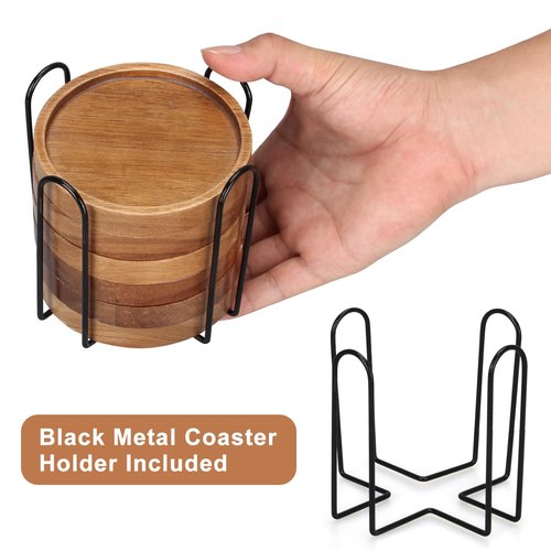 Rustic Wooden Coasters Set of 8 Farmhouse Coffee Table Decor Acacia Wood Drink Coaster with Holder Modern Outdoor Bar Cool Cup Costers Kitchen Accessories Decoration Home Dining Coasters Gift