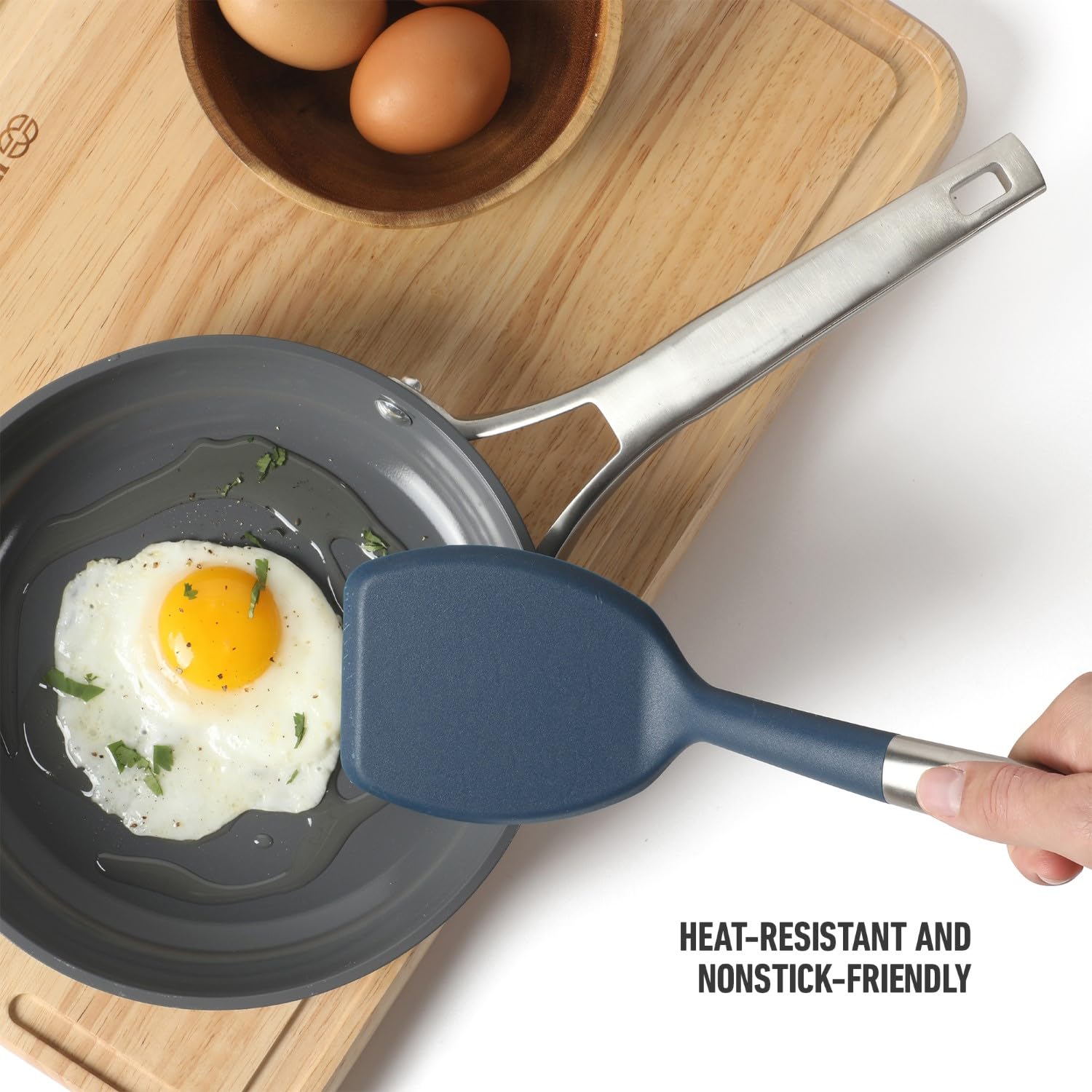 Calphalon Prime Stainless Steel Turner with Navy Blue Silicone Head, Heat Resistant Kitchen Spatula for Flipping, Cooking, Grilling, and Serving, Durable Non Scratch Cooking Utensil