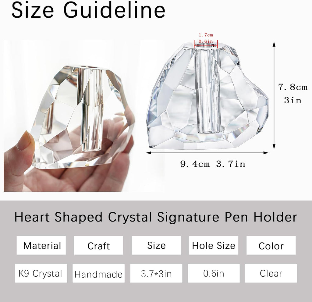QFkris Crystal Heart Shaped Pen Holder - Elegant Glass Feather Desk Organizer | 3.5" Fountain Pen Stand