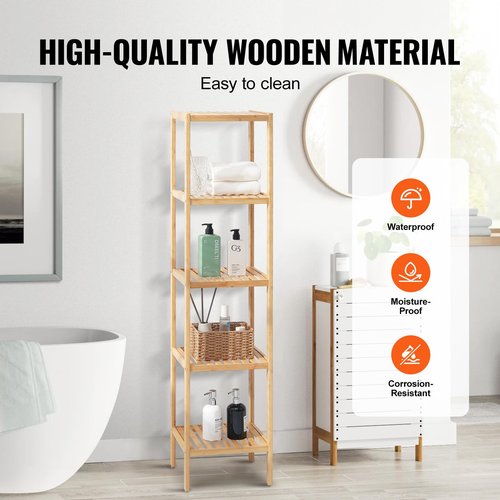 VEVOR 5-Tier Bathroom Standing Shelf, Narrow Shelving Unit, Display Storage Rack Organizer, Freestanding Flower Plant Stand, Multifunctional Bamboo Shelf Ideal for Bathroom, Kitchen, Home, Natural