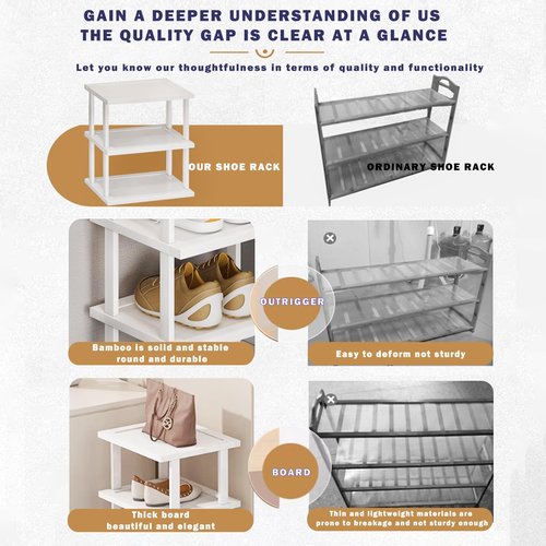SAN HE Bamboo Shoe Rack 5Tier- Vertical White Shoe Rack for Small Spaces, Tall Narrow Shoe Rack Organizer for Closet Entryway Corner Garage and Bedroom,Skinny Shoe Shelf with Free Stackable DIY