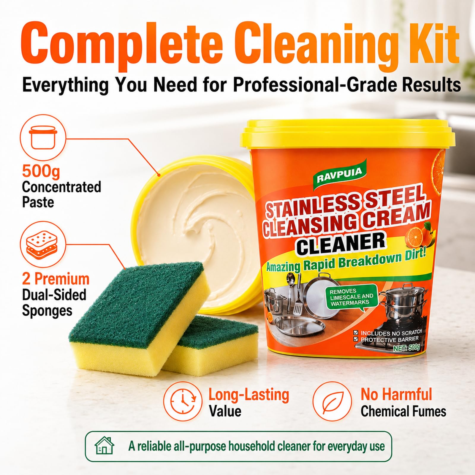 STAINLESS STEEL CLEANER & POLISH - Heavy Duty Cleaning Paste for Stove, Oven, Pans, Cookware, Sink | All Purpose Multi-Purpose Household Cleaner | Removes Grease & Stains | with 2 Sponges (500g)