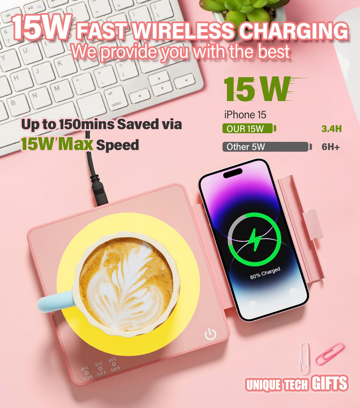 Mug Warmer with 15W Wireless Charger, Aesthetic Desktop Accessory with Night Light & Phone Stand, Ideal Office Tech Gift for Women, Girlfriend, Boss, Her, 3 Temp Coffee Warmer for Desk - Rose Pink