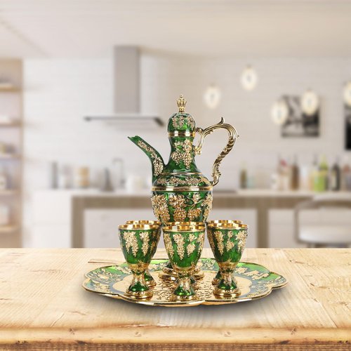 Vintage Turkish Tea Set with Metal Teapot, 6 Cups and Serving Tray, Gold Green, Traditional Coffee Serving Kit for Home