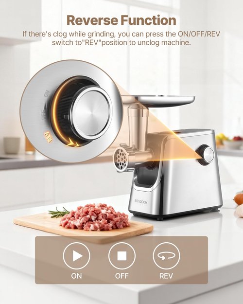 BRISDOOM Meat Grinder Electric 3000W Max with High-Efficiency Copper Motor, Auto-Reverse & Hidden Storage - 3-in-1 Sausage Stuffer & Kubbe Maker Making for Home Use, Stainless Steel