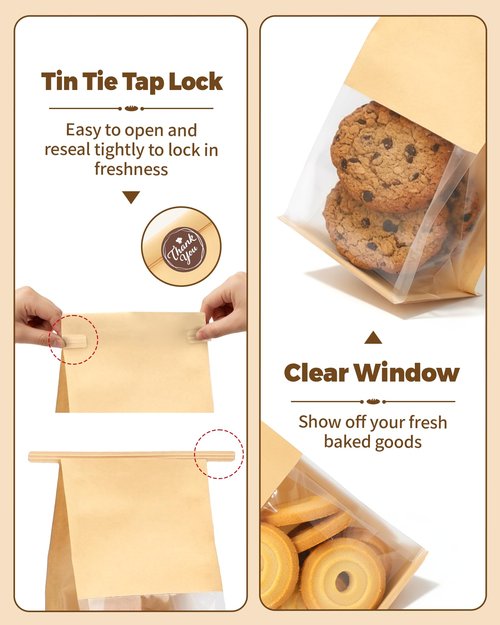 Bake Choice 50 Pcs Small Cookie Bags with Seal, 3.9x3.1x8.2 Inches Tin Tie Tab Lock Bakery Bags with Window, Resealable Paper Cookie Packaging Bag for Muffin, Treat, Brownie, Candies, Granola