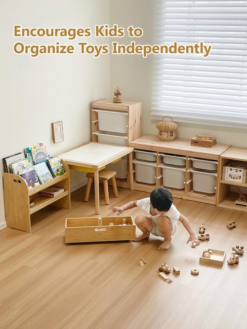 Lavenix Bamboo Kids Bookshelf 3-Tier with Drawer, Scalloped Front Facing Montessori Book Shelf and Toy Storage for Toddler Kids Rooms, Baby Nursery, Classroom