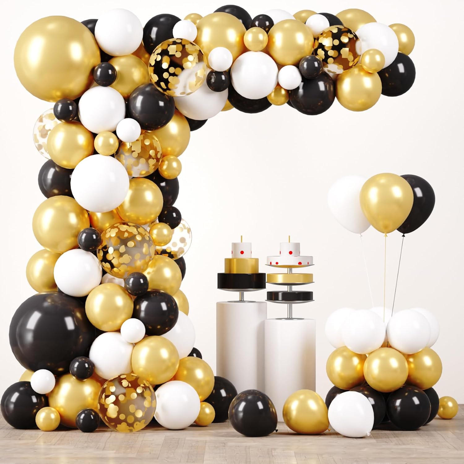 Skiennix Black and Gold Balloon Garland Arch Kit - Elegant Party Decorations with Gold Foil Curtains for Graduation, Birthday, and Anniversary Celebrations
