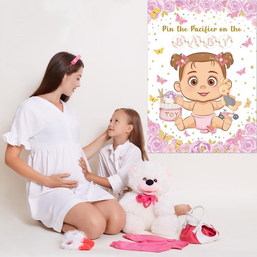 Pin The Pacifier On The Baby Game, Pink Baby Shower Decoration Pin Pacifier on Baby Poster Butterfly Theme Decor with 48 Pacifier Stickers Game for Baby Shower Party Birthday Party Supplies