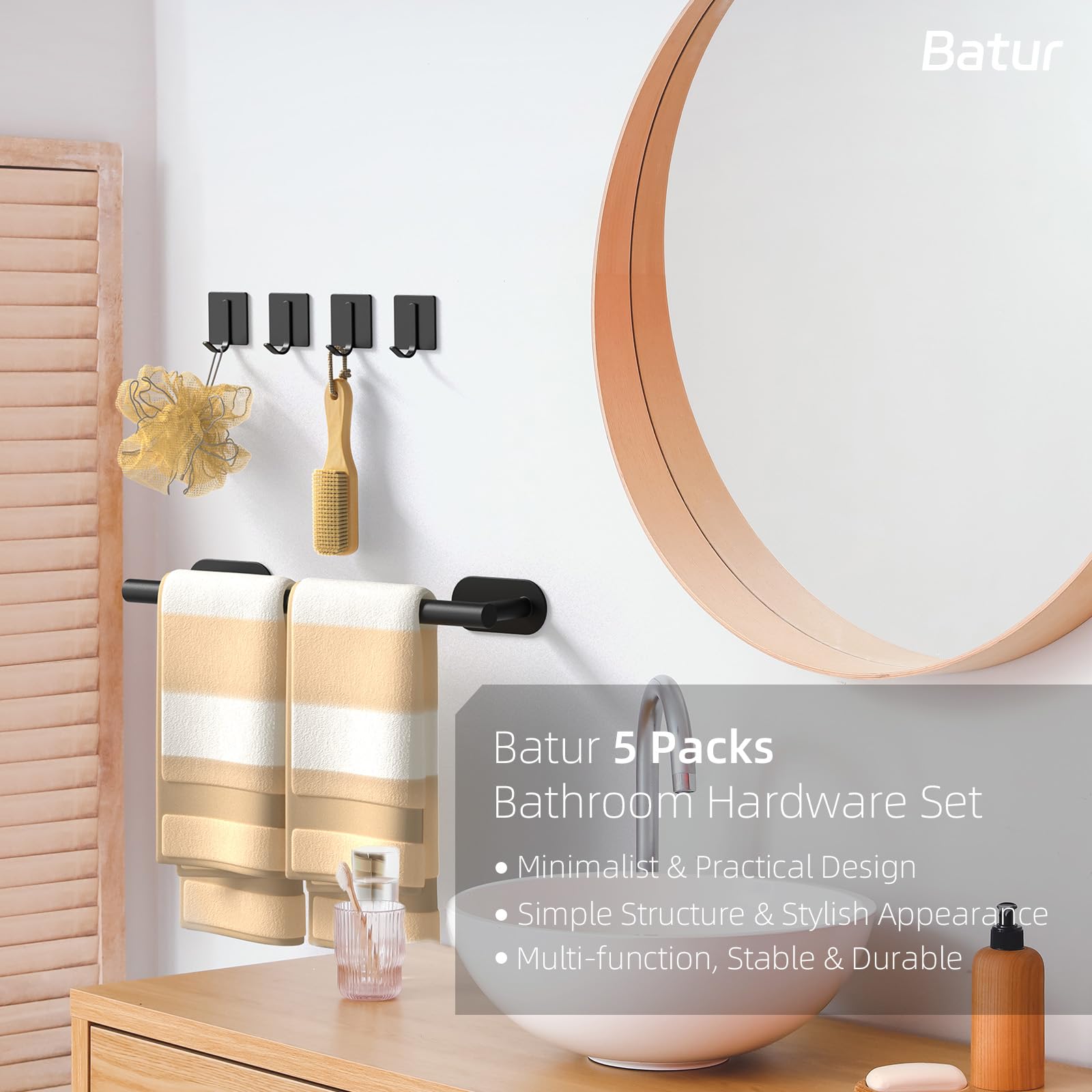 Batur 5 Pack Towel Holder, Towel Racks for Bathroom Self Adhesive, 16" Towel Bar with 4 Pack Towel Hooks, Premium Hand Towel Holder, Heavy Duty Towel Hanger Shower Rack Wall Mounted, Black
