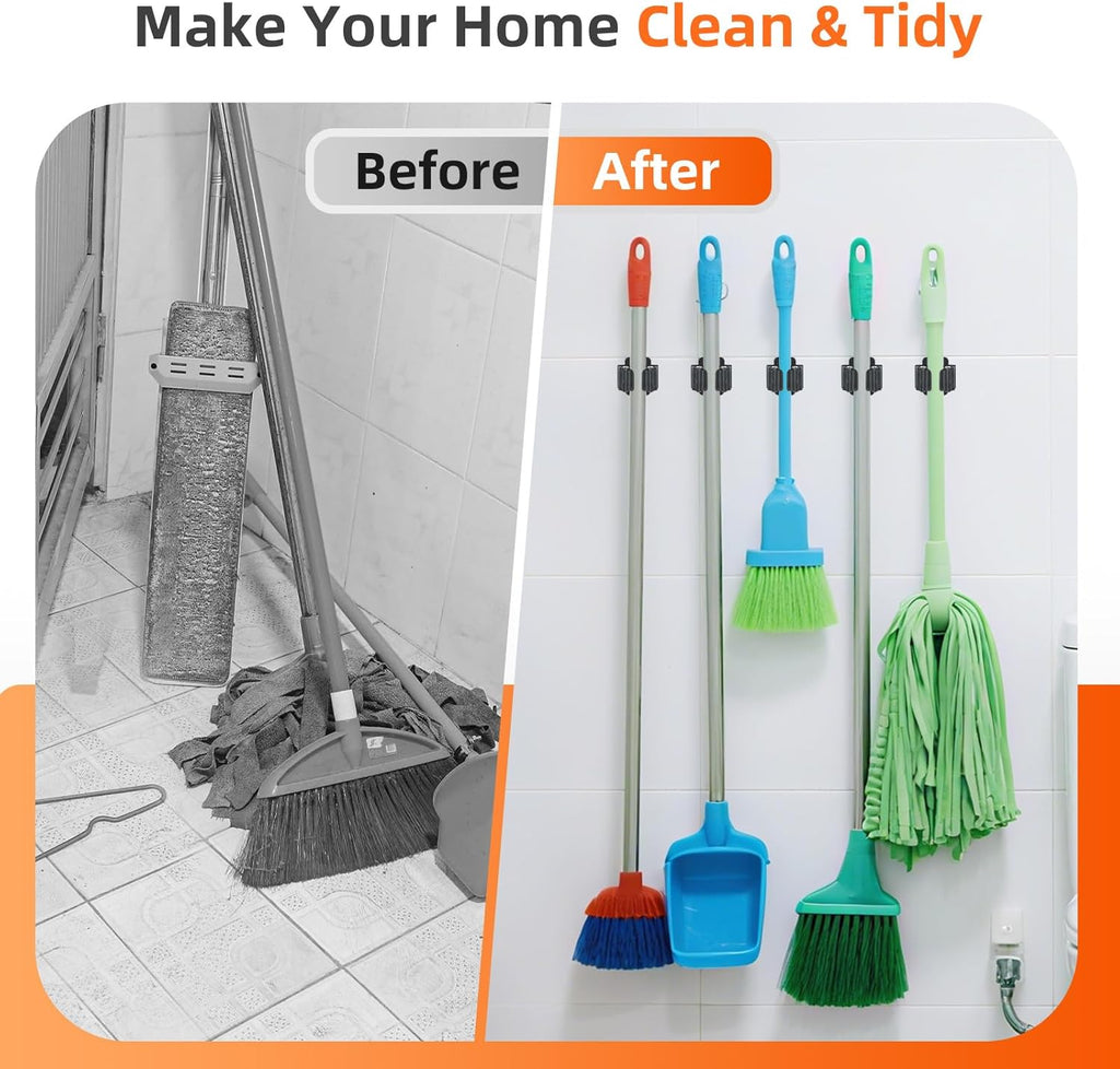 Skiennix Heavy-Duty Broom Holder Wall Mount - Stainless Steel Mop Organizer for Kitchen & Garden | 5 PCS
