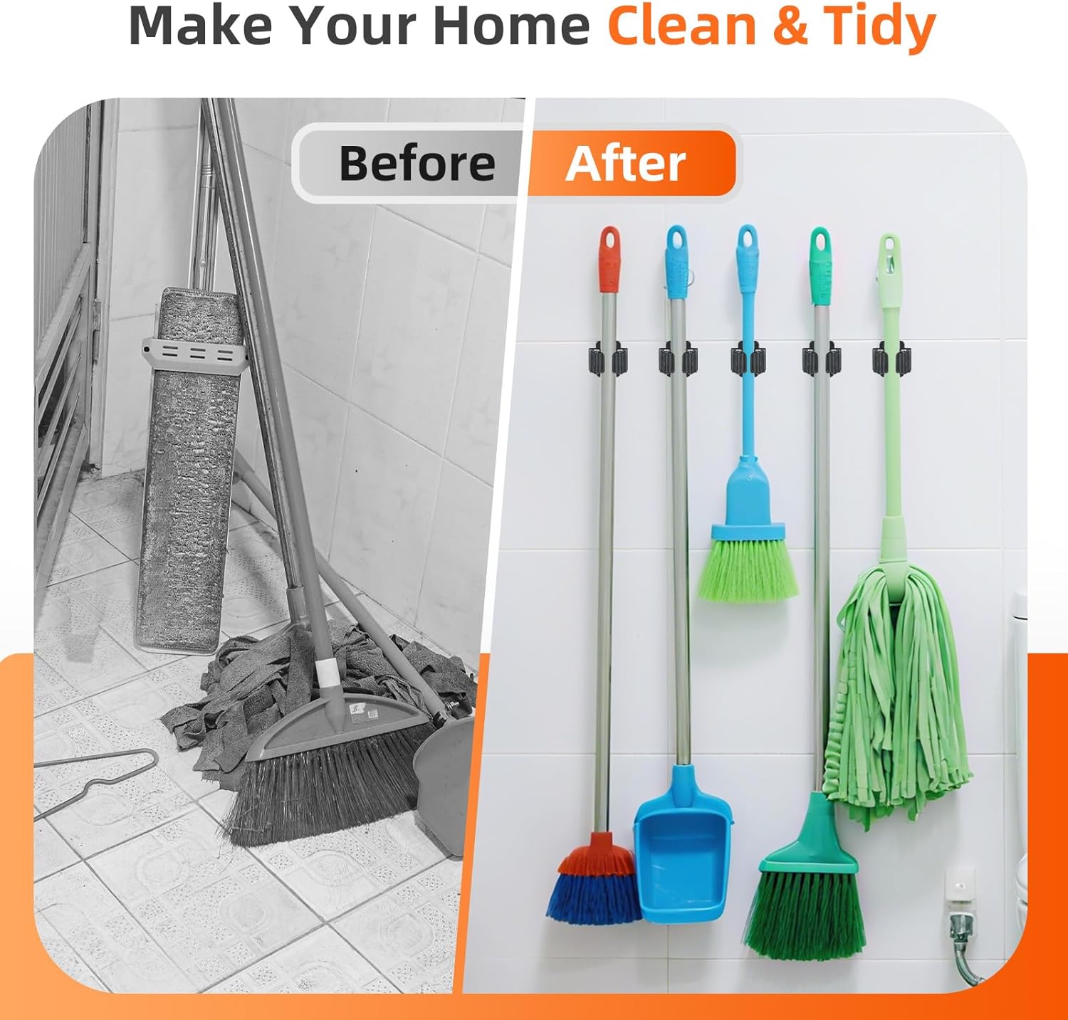 Skiennix Heavy-Duty Broom Holder Wall Mount - Stainless Steel Mop Organizer for Kitchen & Garden | 5 PCS