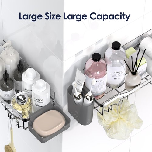 NESOMI Shower Caddy Adhesive Shower Organizer 7-Pack, Rustproof Stainless Steel Bathroom Shelves, Large Capacity No-Drill Rack Storage Accessories with Soap Dish Toothbrush Holder Hooks