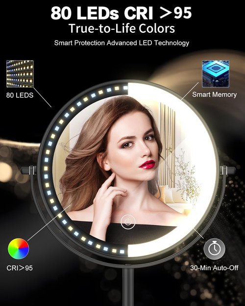 VFD 30X/1X Makeup Mirror with Lights, Height Adjustable Lighted Magnifying Vanity Mirror with 3 Lighting