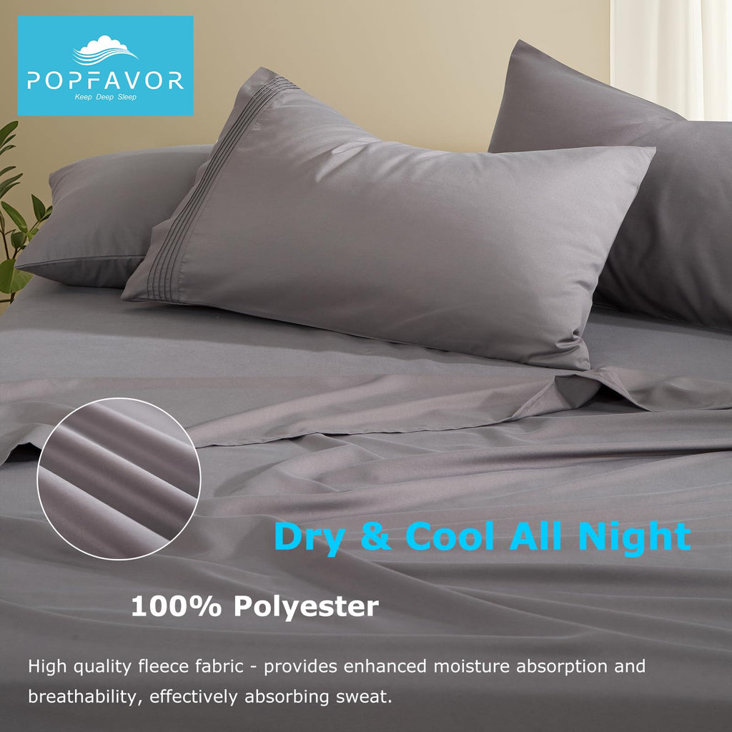 Popfavor Deep Pocket King Fitted Sheet - Fits Mattresses Up to 21" Thick - 4 Piece Bed Sheets - Moisture Wicking, Cooling & Soft Fitted Sheet & Pillow Cases (Grey)
