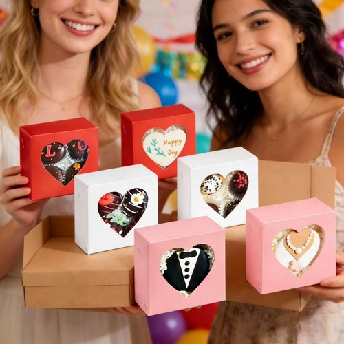 JCXGRVC 48PCS 4x4x2 Heart-Shaped Window Bakery Boxes in Pink,White, Red - Perfect for Cookie, Strawberries, Mini Bundt Cakes, Chocolate Truffles & Small Desserts-Wedding and Party Favors