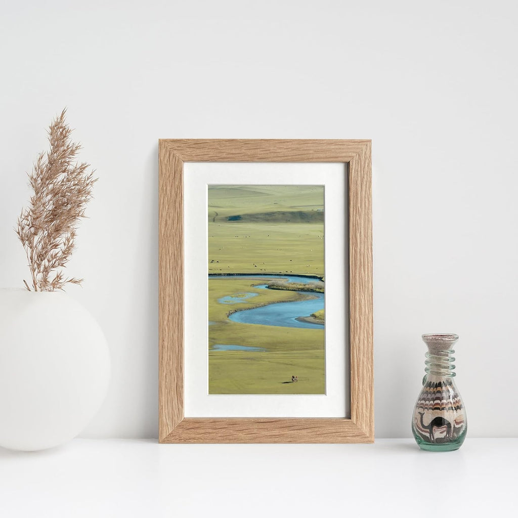 Solid Oak Wood 4x6 Picture Frame Set of 2 - Natural Finish with Mat for 3x5 Photos