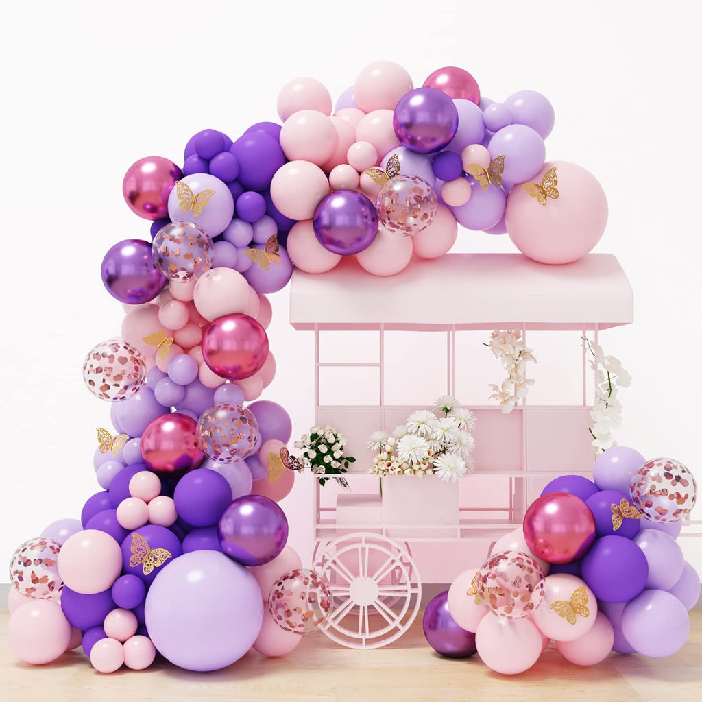 RUBFAC Balloon Garland Kit - 143pcs Pink & Purple with Butterfly Stickers | Perfect for Baby Showers & Parties