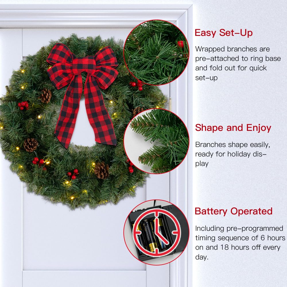DEWBIN 24 Inch 2FT Christmas Wreath, 30 LED Lights Christmas Wreaths for Front Door with Bow Red Berries Pine Cones, Prelit Timer Home Decor, Xmas Wall Windows Decorations Indoor Outdoor
