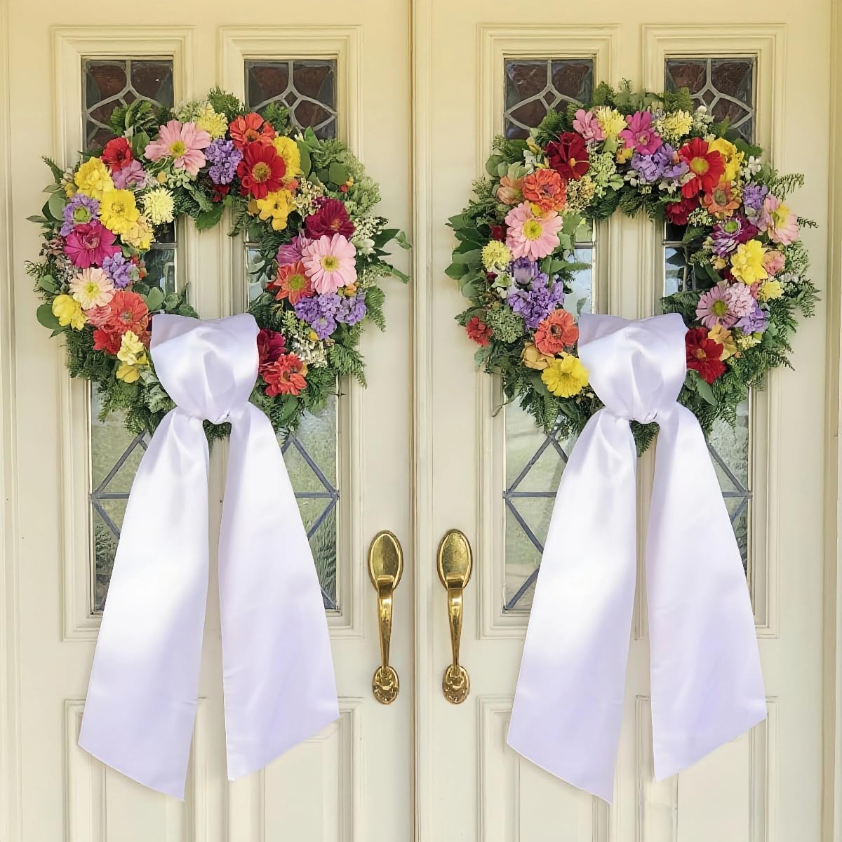 Skiennix 4 Pack White Wreath Sash - DIY Embroidery Satin Blank Accessories for Easter & Weddings