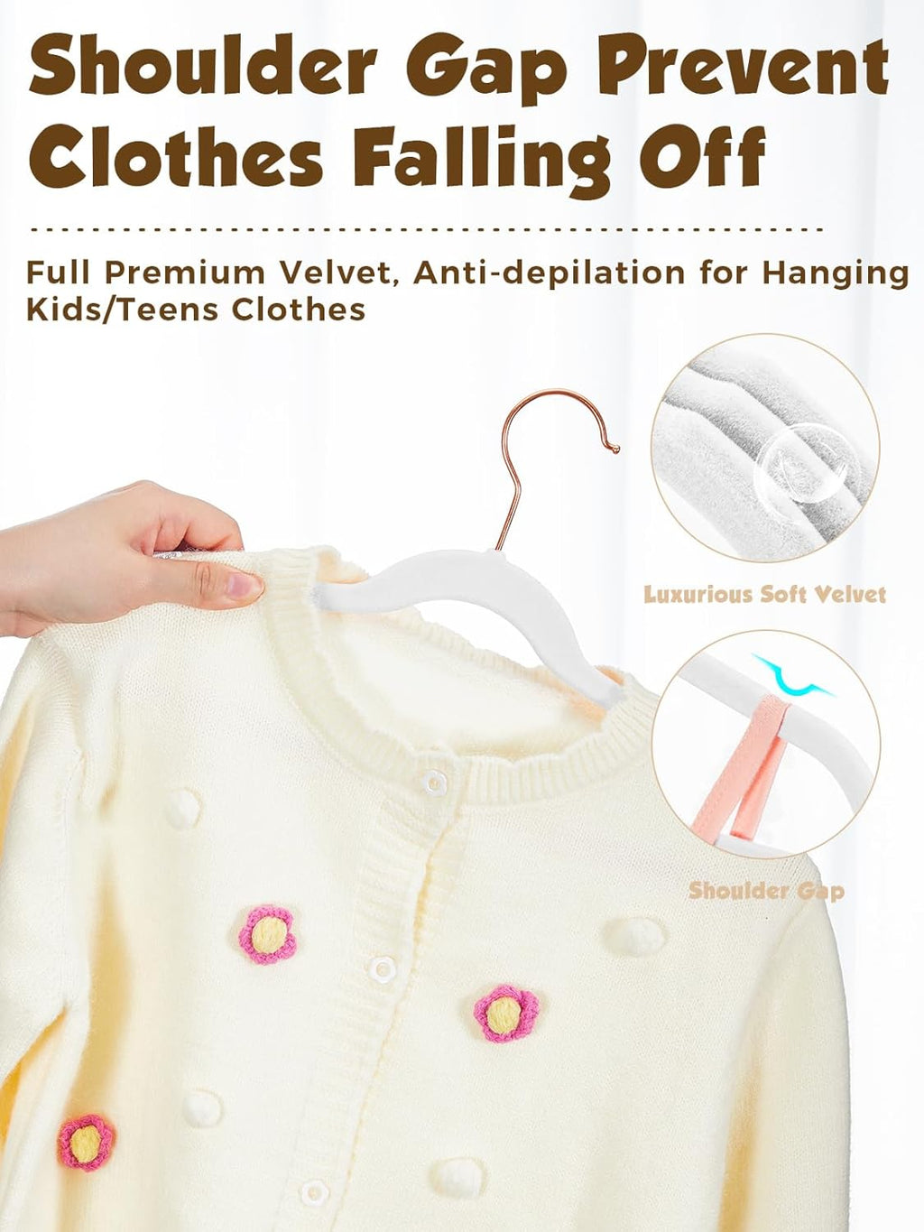 Smartor Kids Velvet Hangers - 50 Pack Premium Non-Slip Felt Hangers for Toddler Clothes | 14 Inch - White with Rose Gold Hook