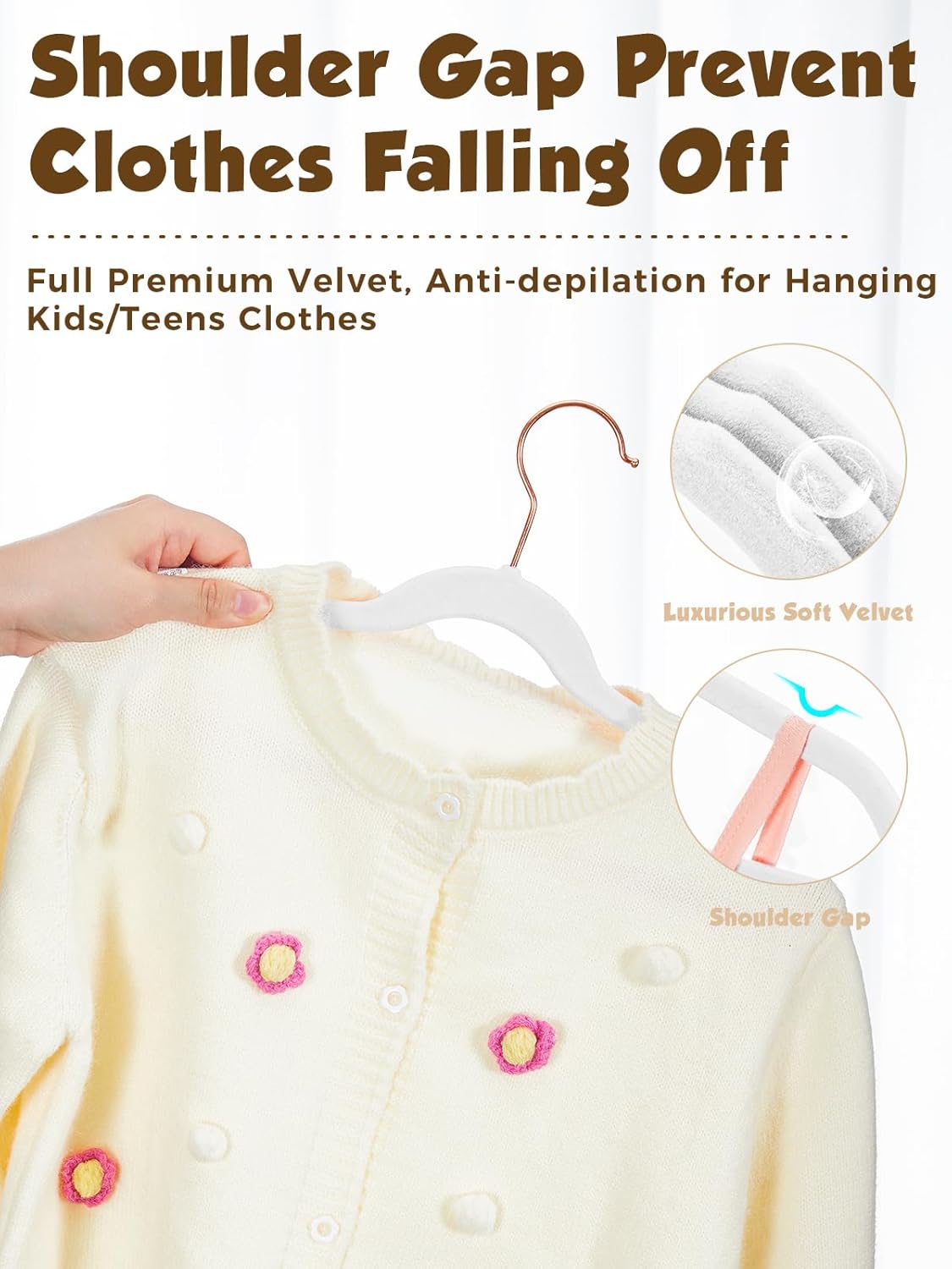 Smartor Kids Velvet Hangers - 50 Pack Premium Non-Slip Felt Hangers for Toddler Clothes | 14 Inch - White with Rose Gold Hook