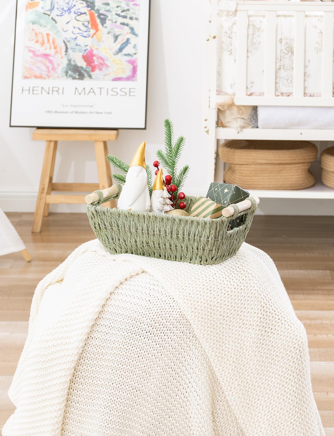 StorageWorks Round Woven Basket Set - Paper Rope with Wooden Handles | Bosana Green, 2-Pack