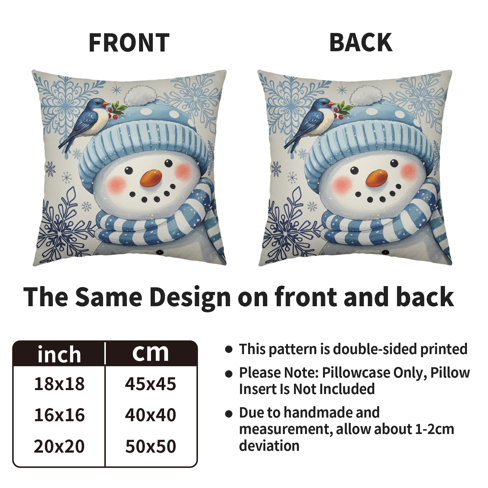 Smozenith Winter Pillow Covers 18X18 Set of 2, Blue Snowman Bird Snowflakes Decorative Throw Pillowcases Outdoor Holiday Seasonal Farmhouse Cushion Cases Couch Sofa Bed Decor